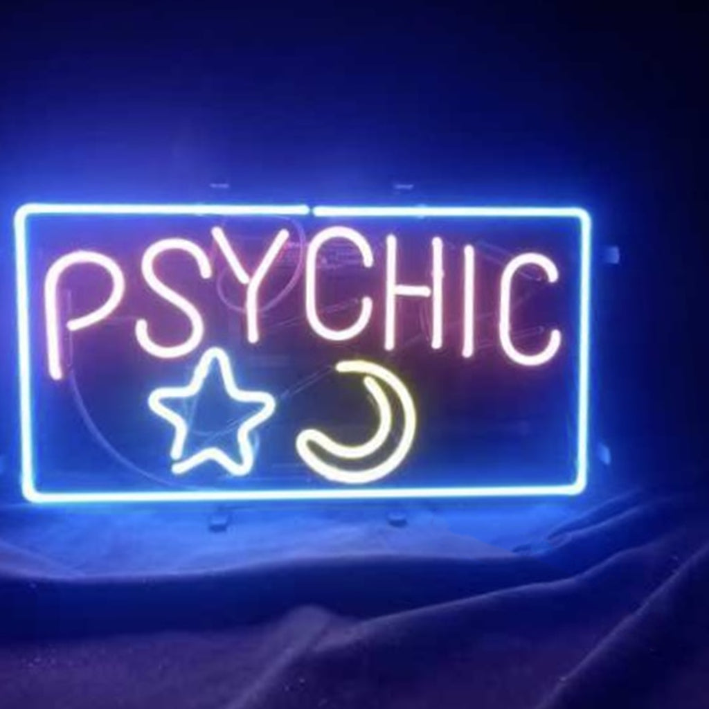 "Psychic star moon neon sign glass- perfect for garages, man caves, shops. Eye-catching on wall and window"