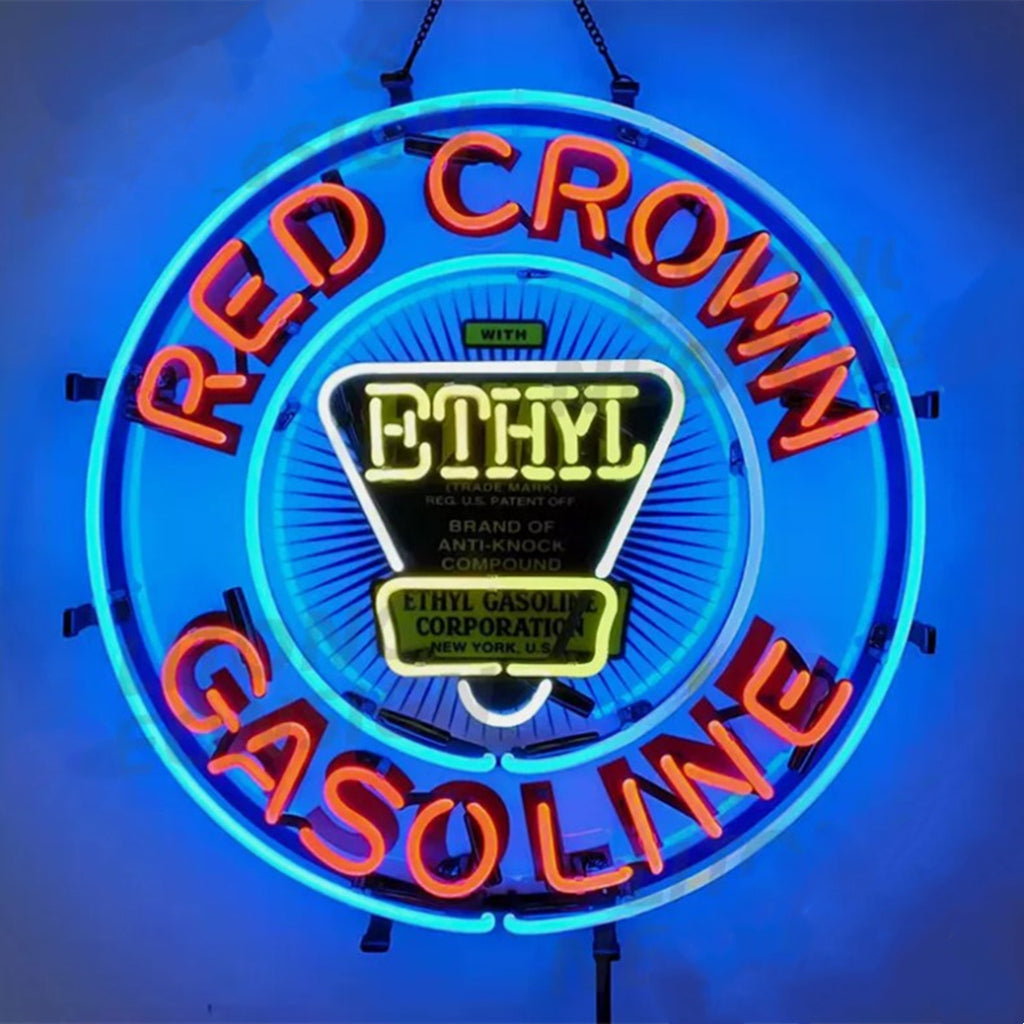 "Red Crown Gasoline Ethyl neon sign glass with acrylic printed- ideal for gas stations, shops, garages, gift.  Enhancing the vintage ambiance of any space."