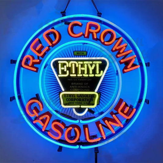 "Red Crown Gasoline Ethyl neon sign glass with acrylic printed- ideal for gas stations, shops, garages, gift.  Enhancing the vintage ambiance of any space."