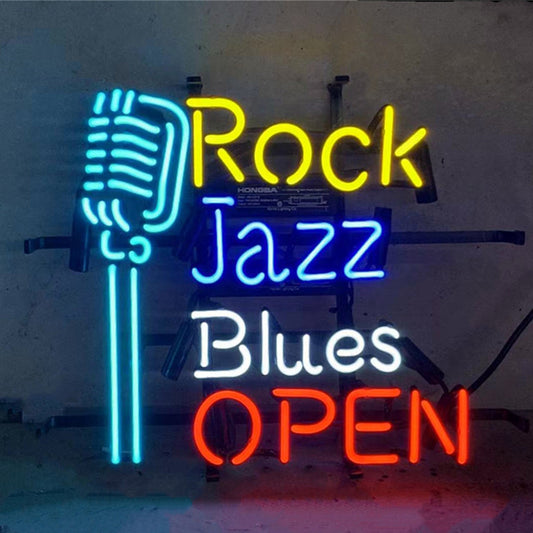 "Rock Jazz Blues Open with Microphone neon sign glass- perfect for garages, man caves or bedrooms"