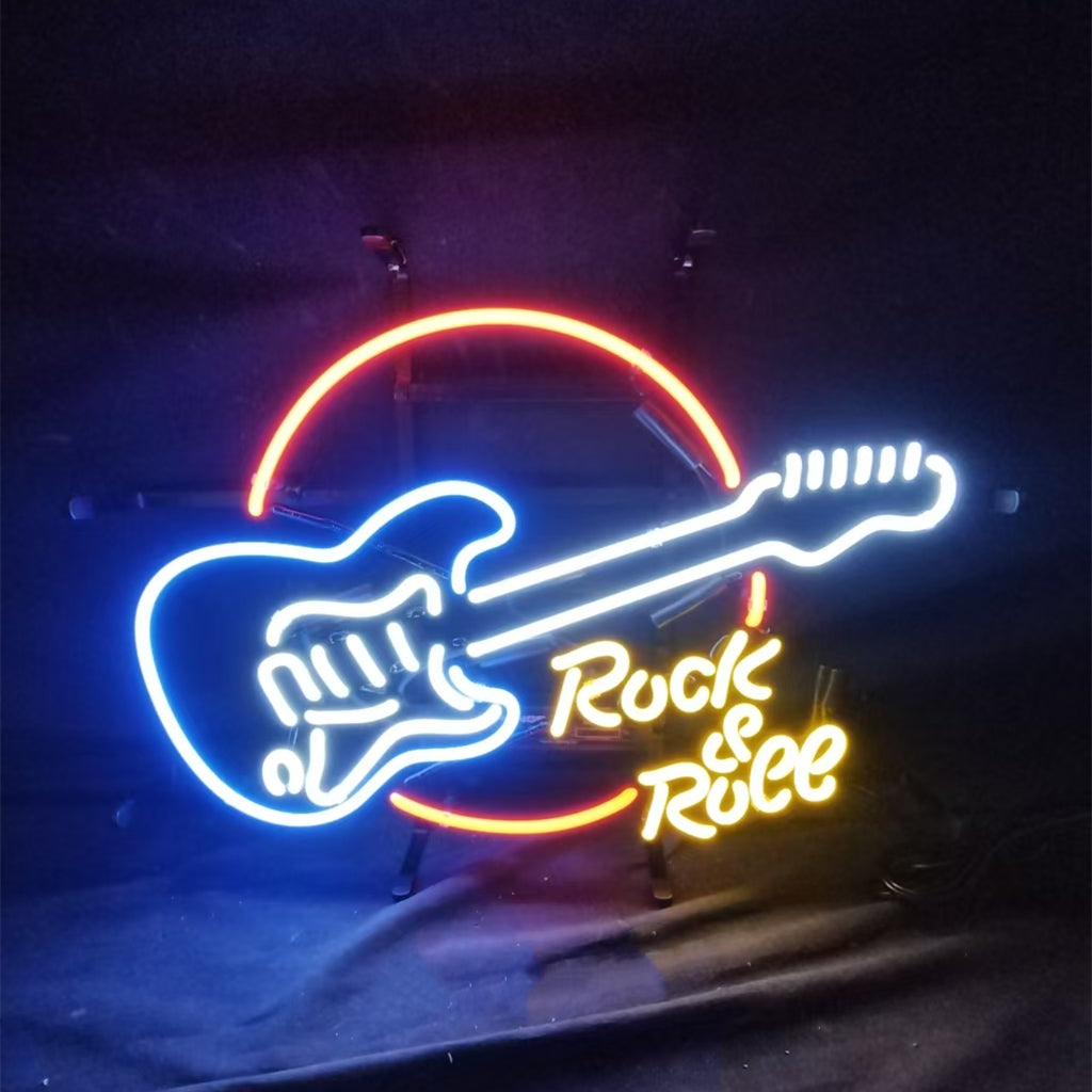 "Rock & Roll Guitar neon sign glass- perfect for garages, man caves, shops. Eye-catching on wall and window"