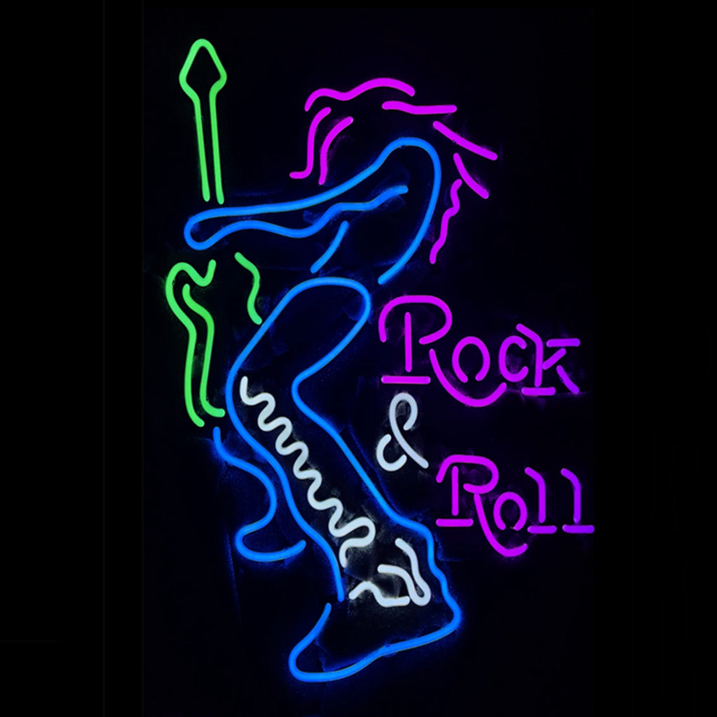 "Rock & Roll Guitar Singerneon sign glass- perfect for garages, man caves, shops. Eye-catching on wall and window"