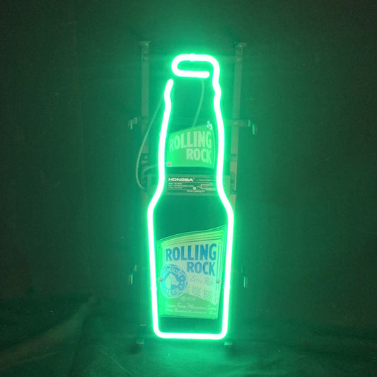 "Rollin Rock Bee with Bottle neon sign glass - bright and vibrant logo, perfect for bars, game rooms, and man caves."
