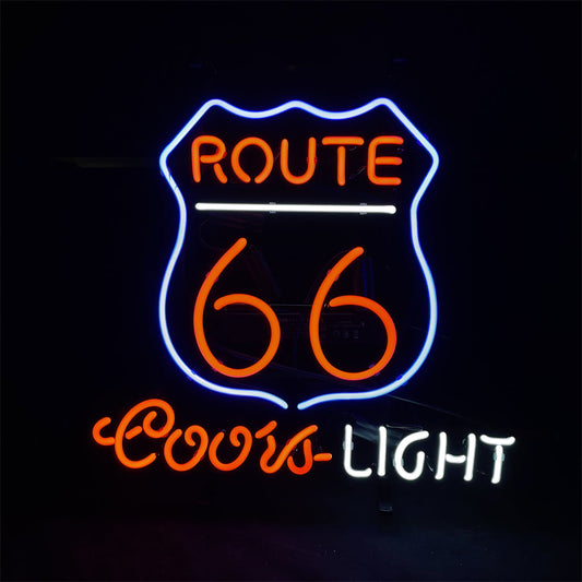 "Route 66 Road Logo Coors Light neon sign glass - bright and vibrant logo, perfect for bars, game rooms, and man caves."