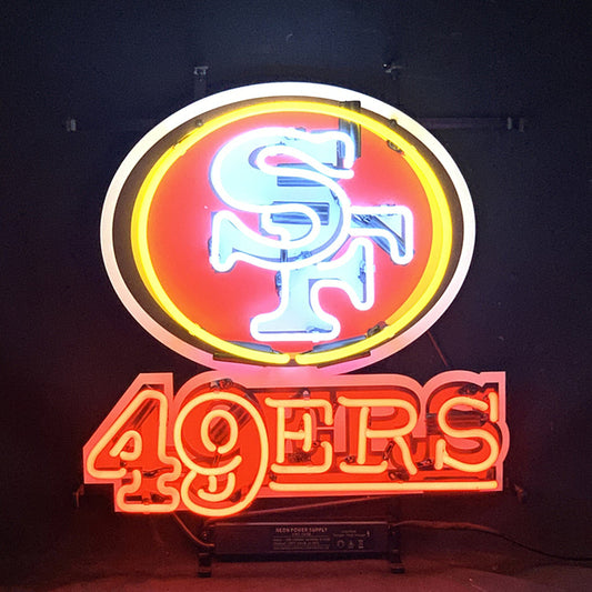"SF San Francisco 49 ERS neon sign glass - vibrant team logo, perfect for sports bars, game rooms, and fan spaces."