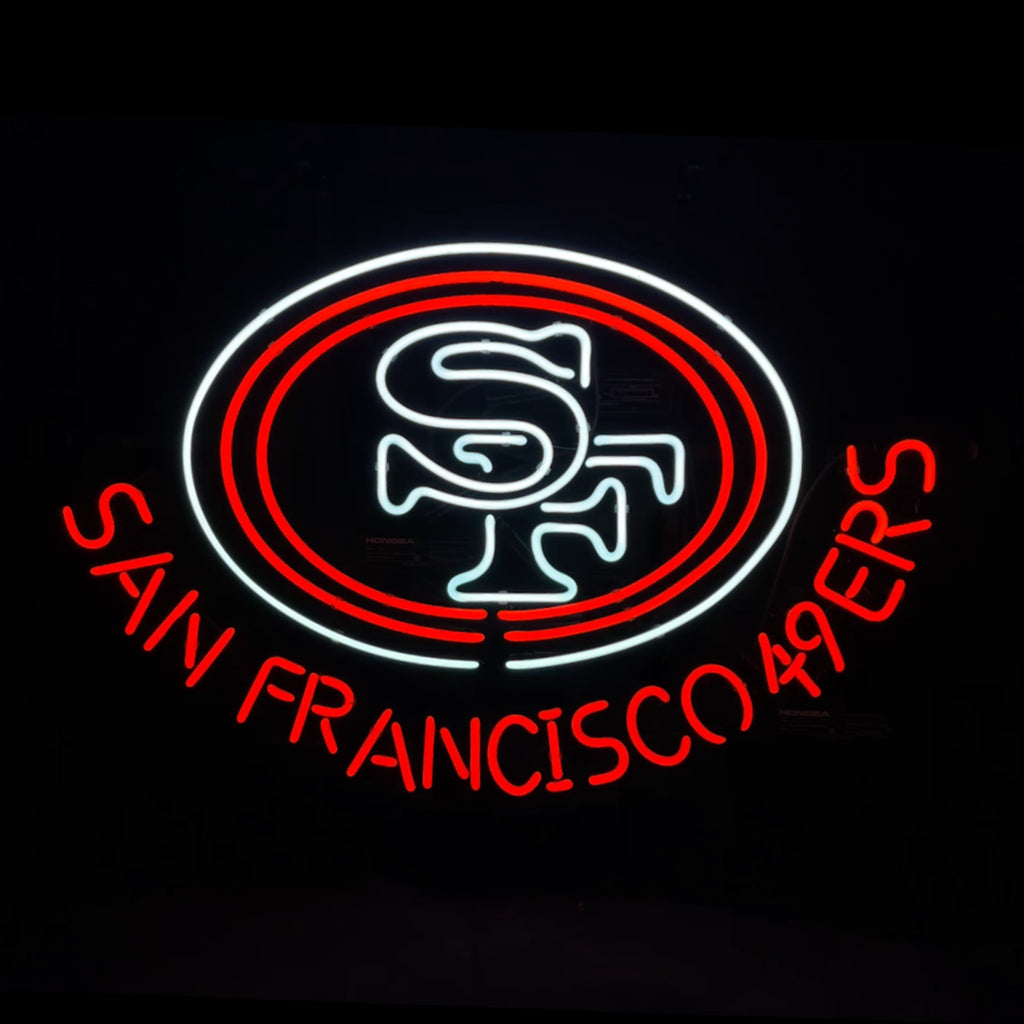 "San Francisco 49 ERS neon sign glass - vibrant team logo, perfect for sports bars, game rooms, and fan spaces.