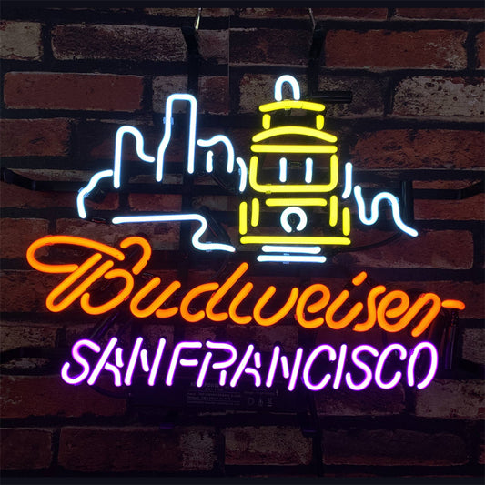"San Francisco Skyline Budweiser neon sign glass - bright and vibrant logo, perfect for bars, shops, man caves gift decoration."