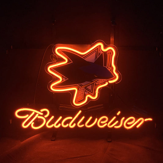 "San Jose Sharks and Budweiser Beer neon sign glass - vibrant team logo, perfect for sports bars, game rooms, and fan spaces.