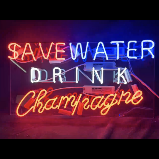 "Save water drink champagne neon sign glass- perfect for garages, man caves, shops. Eye-catching on wall and window"