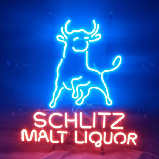 Schlitz Malt Liquor Neon Signs-Handmade real glass neon, classic bull image on top and with 'Schlitz Malt Liquor' neon font at the bottom.