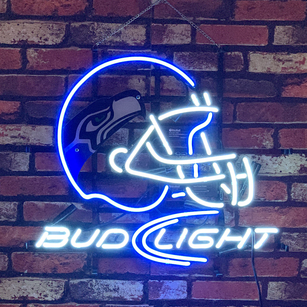 "Seattle Seahawks BUD LIGHT neon sign glass - vibrant team logo, perfect for sports bars, game rooms, and fan spaces."