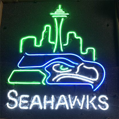 "Seattle Seahawks Skyline neon sign glass - vibrant team logo, perfect for bars, game rooms, and fan spaces.”