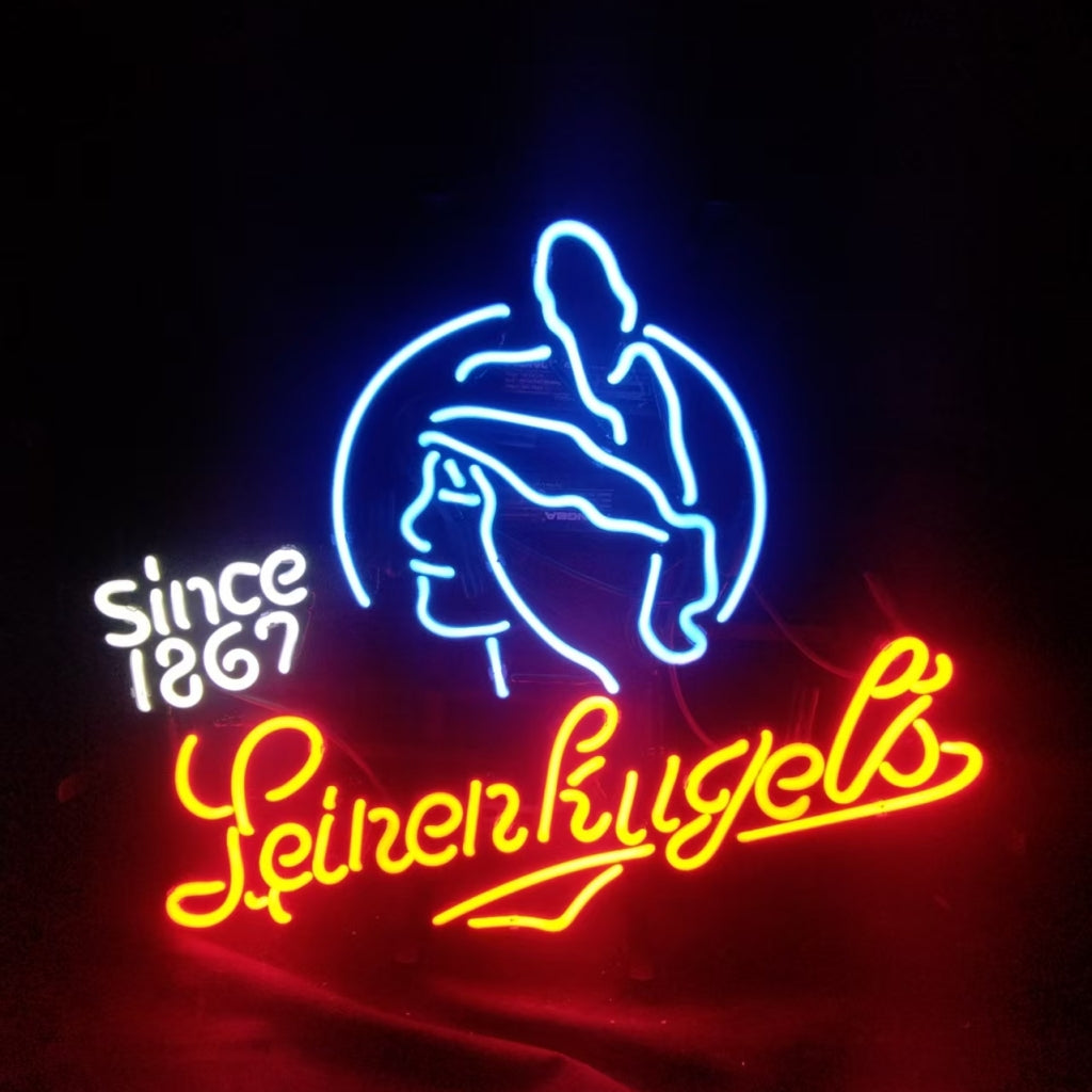 Handmade since 1867 Leinenkugel's lettering with classic character logo glass neon sign light, hand-bent glass with gas-filled, metal grid on back.   Perfect for business shop , bar window lamp.