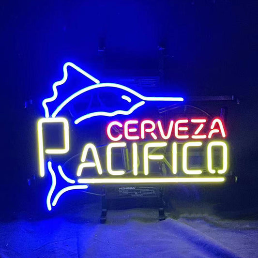 "Swordfish Cerveza Pacifico neon sign glass - bright and vibrant logo, perfect for bars, shops, man caves gift decoration."