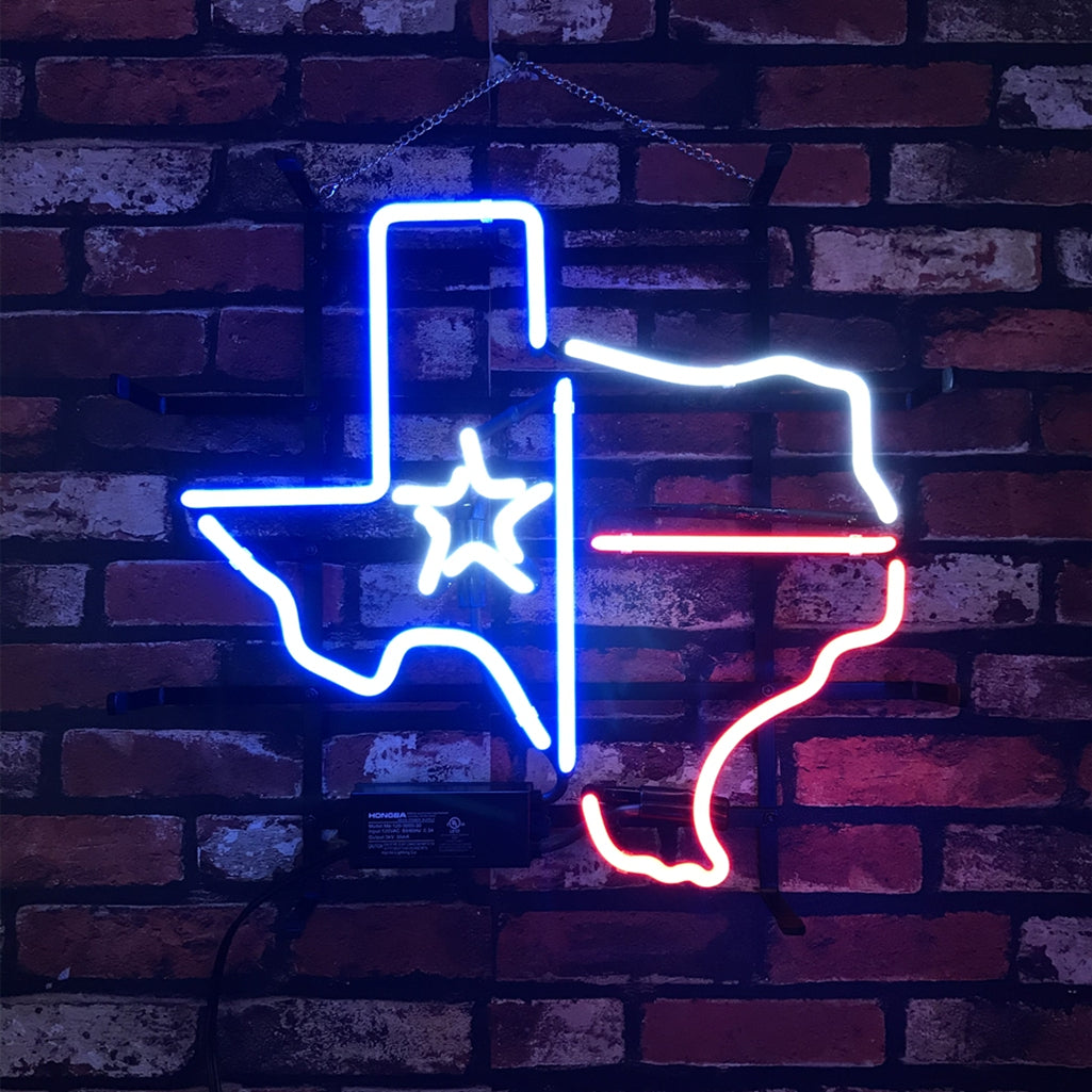 "Texas Maps with Lone Star Beer neon sign glass - vibrant team logo, perfect for bars, game rooms, and fan spaces.”