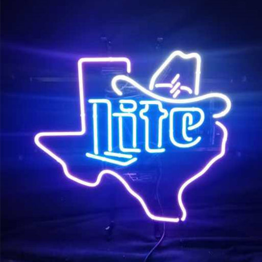 "Texas Maps with Lite Cowboy Hat neon sign glass - bright and vibrant logo, perfect for bars, business shop, garage, man caves wall decor."