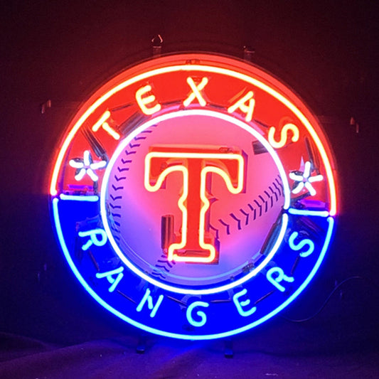 "Texas Rangers neon sign glass - vibrant team logo, perfect for sports bars, game rooms, and fan spaces."