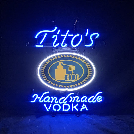 "Blue Tito's Handmade Vodka neon sign glass - bright and vibrant logo, perfect for bars, shops, man caves gift decoration."