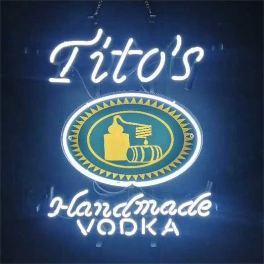 "White Tito's Handmade Vodka neon sign glass - bright and vibrant logo, perfect for bars, shops, man caves gift decoration."