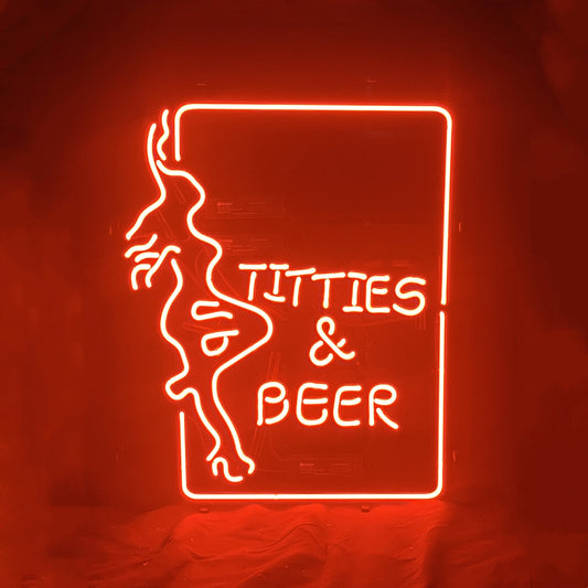 "Titties Beer wit Girl neon sign glass - bright and vibrant logo, perfect for bars, game rooms, and man caves."