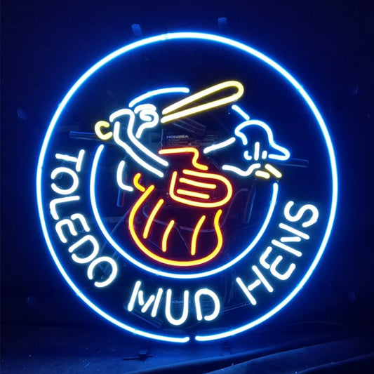 "Toledo Mud Hens neon sign glass - vibrant team logo, perfect for sports bars, game rooms, and fan spaces."