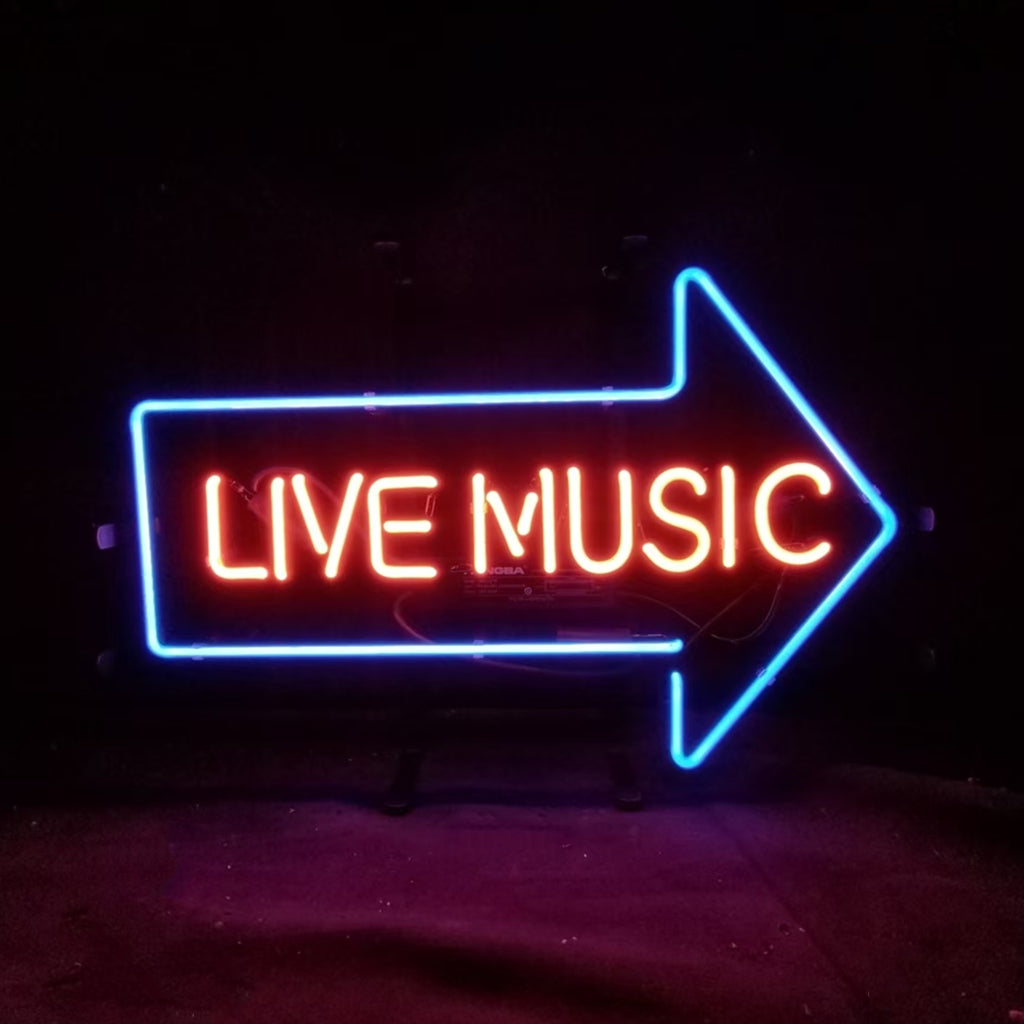 Live Music with Right Arrow Neon Signs