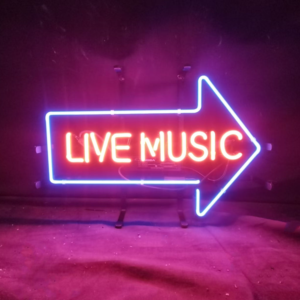 "Right arrow live music neon sign glass- perfect for garages, man caves, shops. Eye-catching on wall and window"