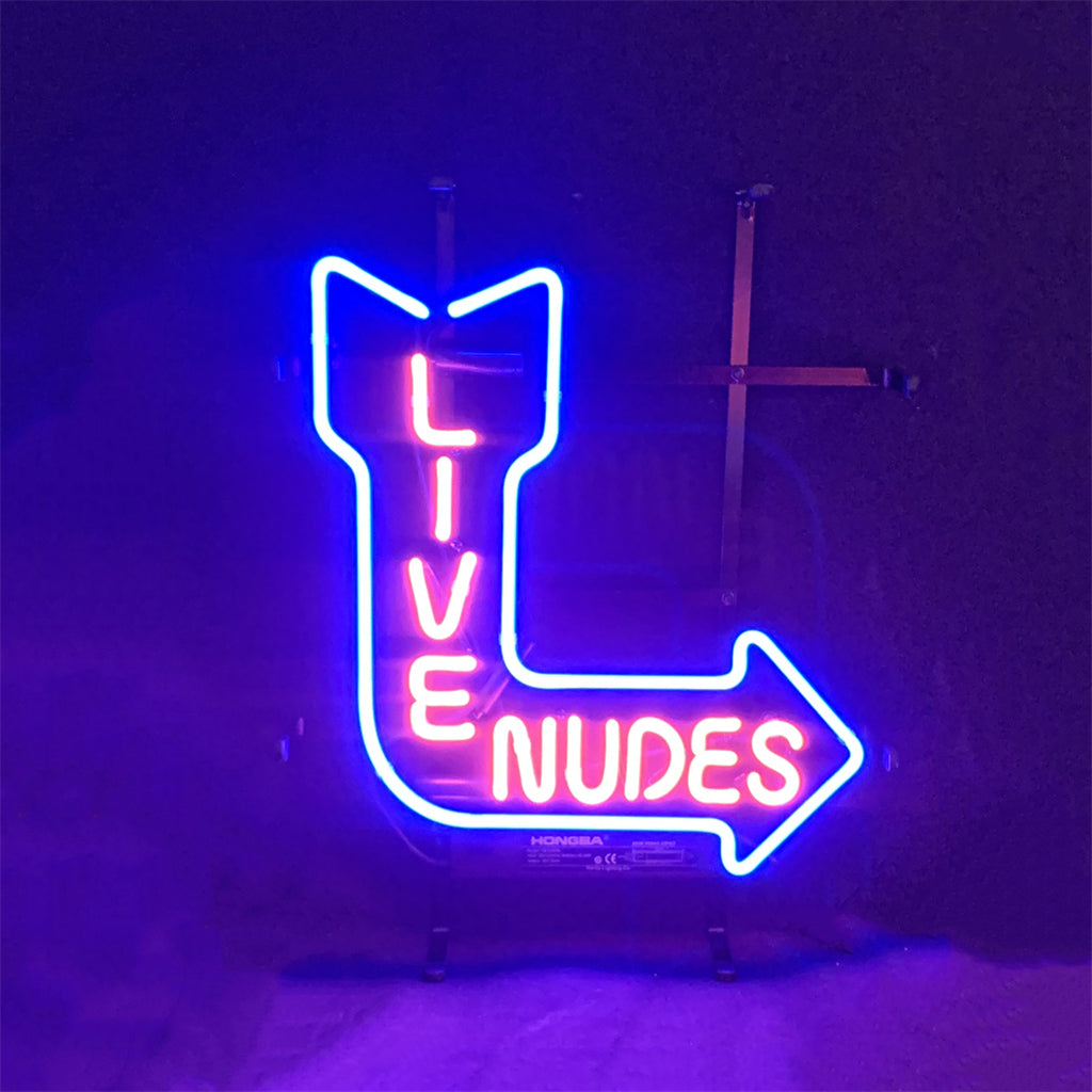 "Turn Right Arrow Live Nudes neon sign glass- perfect for garages, man caves, shops. Eye-catching on wall and window"