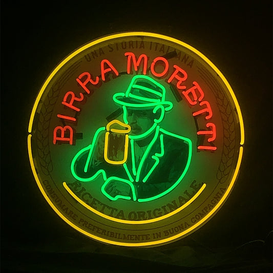 "Birra Motetti Beer neon sign glass - bright and vibrant logo, perfect for bars, business shop, garage, man caves wall decor."