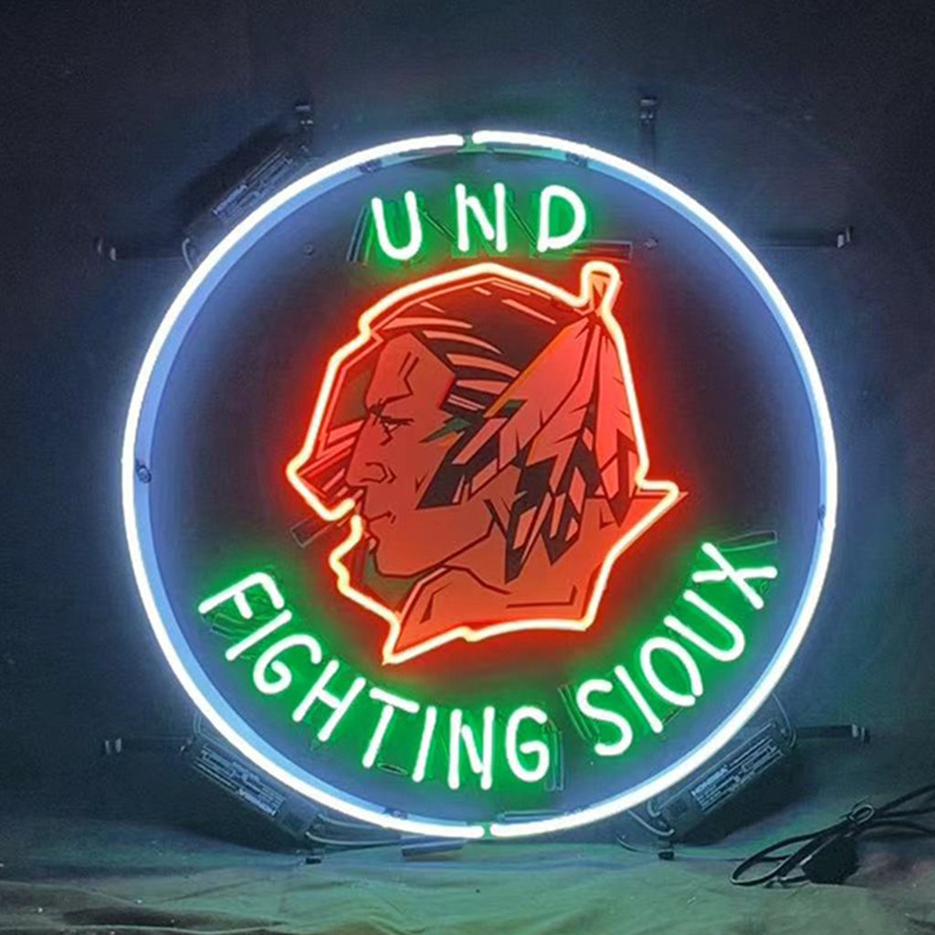 "Und Fighting Sioux neon sign glass - vibrant team logo, perfect for sports bars, game rooms, and fan spaces."