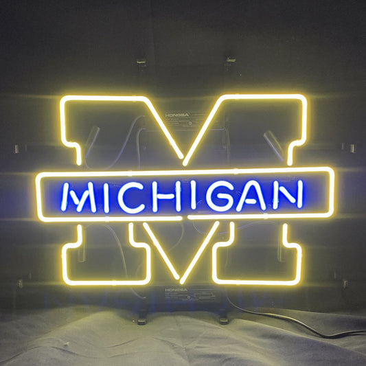 "University of Michigan neon sign glass - vibrant team logo, perfect for sports bars, game rooms, and fan spaces."