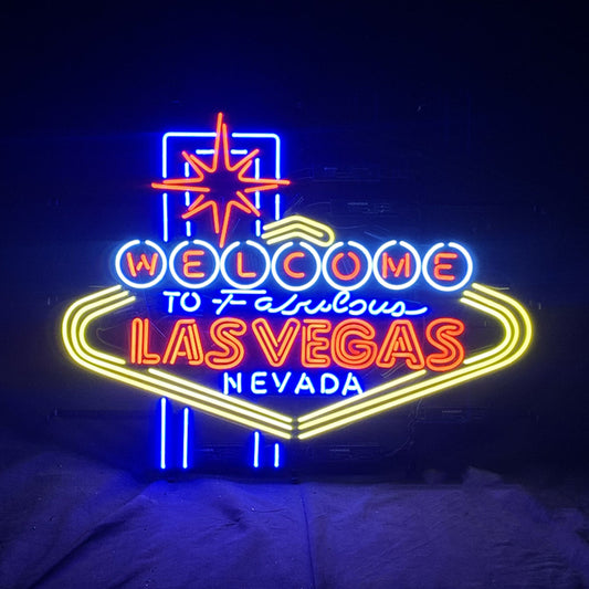 Vintage 'Welcome to Las Vegas' Neon Sign – Glowing red and yellow glass wall art with classic Nevada desert silhouette, perfect for casino-themed decor.