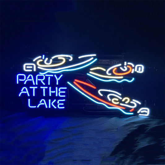 "Yacht party at the lake neon sign glass- perfect for garages, man caves, shops. Eye-catching on wall and window"