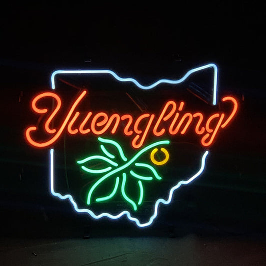 "Yuengling Lager with Ohio Map neon sign glass - bright and vibrant logo, perfect for bars, game rooms, and man caves."