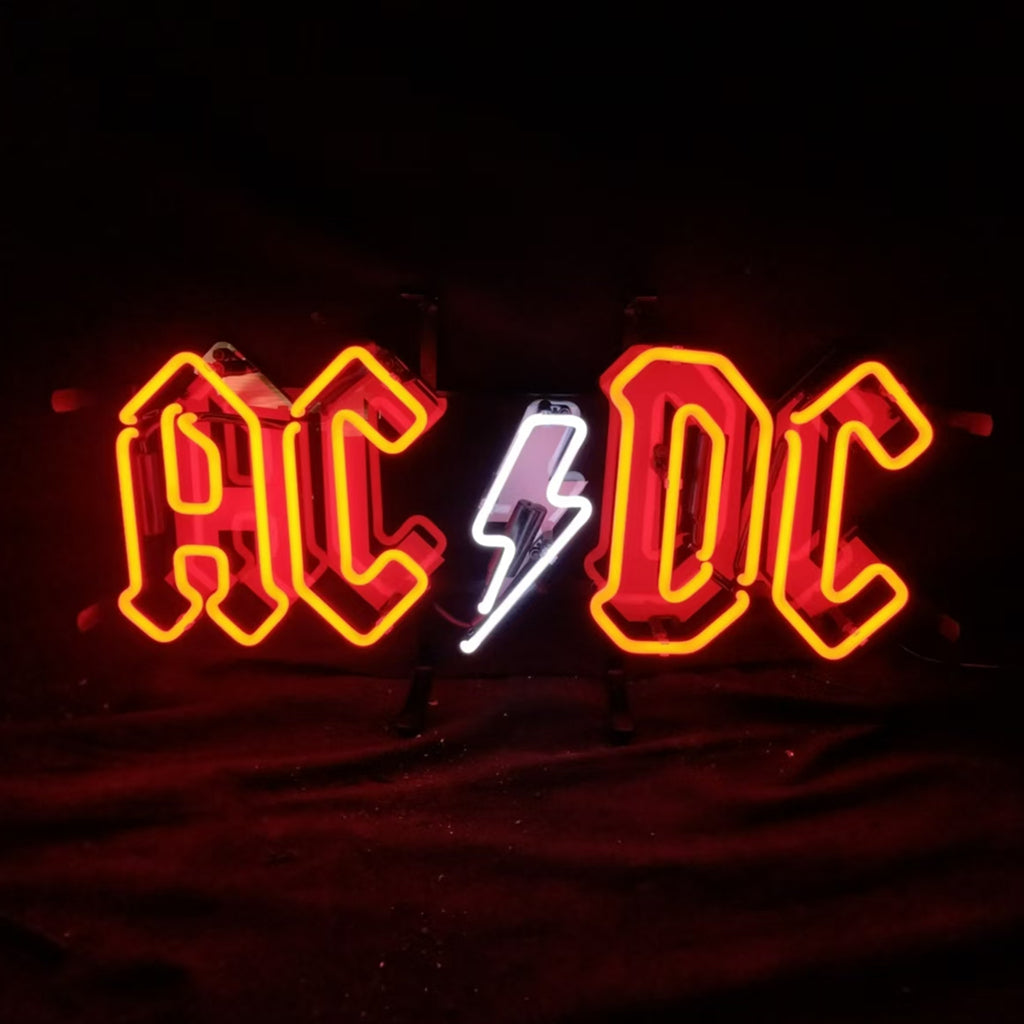 "AC DC neon sign glass - vibrant team logo, perfect for sports bars, game rooms, and fan spaces.