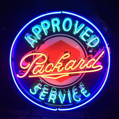 "approved packard service neon sign glass - vintage style, perfect for garages, man caves, and auto enthusiasts."