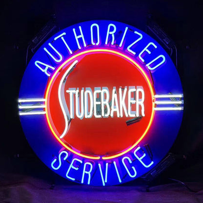 "authorized studebaker service neon sign glass - a nostalgic addition to garages, workshops, and automotive spaces."