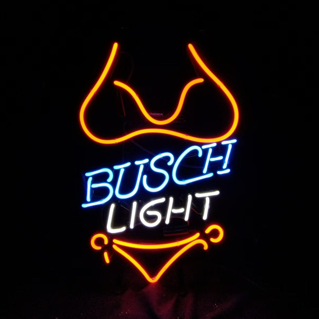 "Busch Light with Red Bikini Set Beer neon sign glass - bright and vibrant logo, perfect for bars, game rooms, and man caves."