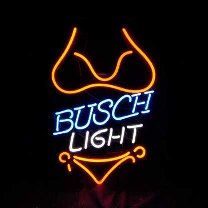 "Busch Light with Red Bikini Set Beer neon sign glass - bright and vibrant logo, perfect for bars, game rooms, and man caves."
