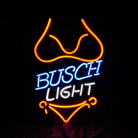 "Busch Light with Red Bikini Set Beer neon sign glass - bright and vibrant logo, perfect for bars, game rooms, and man caves."