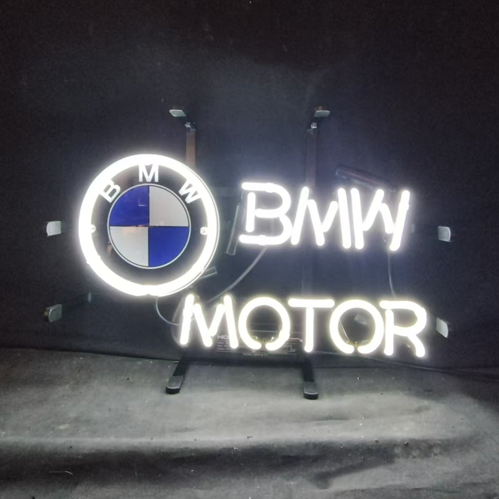 "BMW MOTOR neon sign glass - vintage style, perfect for garages, man caves, and auto enthusiasts."