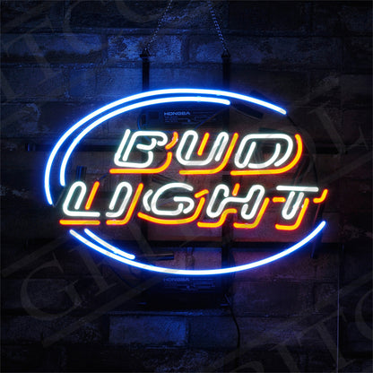 "Beer Logo Bud Light neon sign glass - bright and vibrant logo, perfect for bars, game rooms, and man caves."