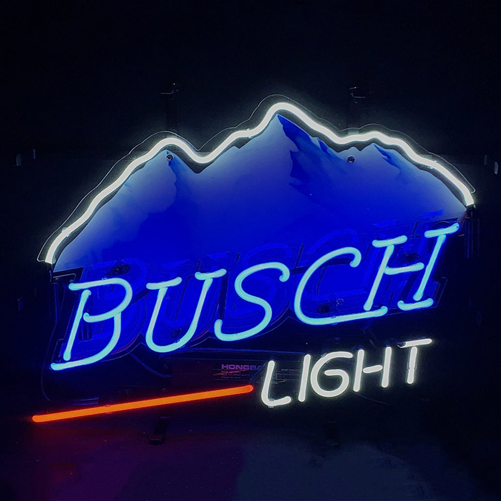 "Busch Light neon sign glass - bright and vibrant logo, perfect for bars, game rooms, and man caves."