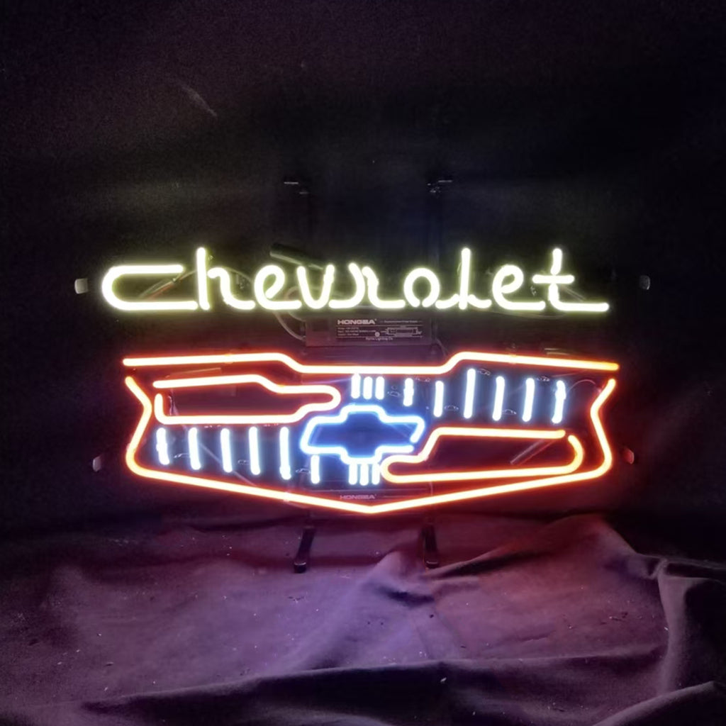 "Chevrolet Car Logo neon signs glass - a nostalgic addition to garages, workshops, and automotive spaces."