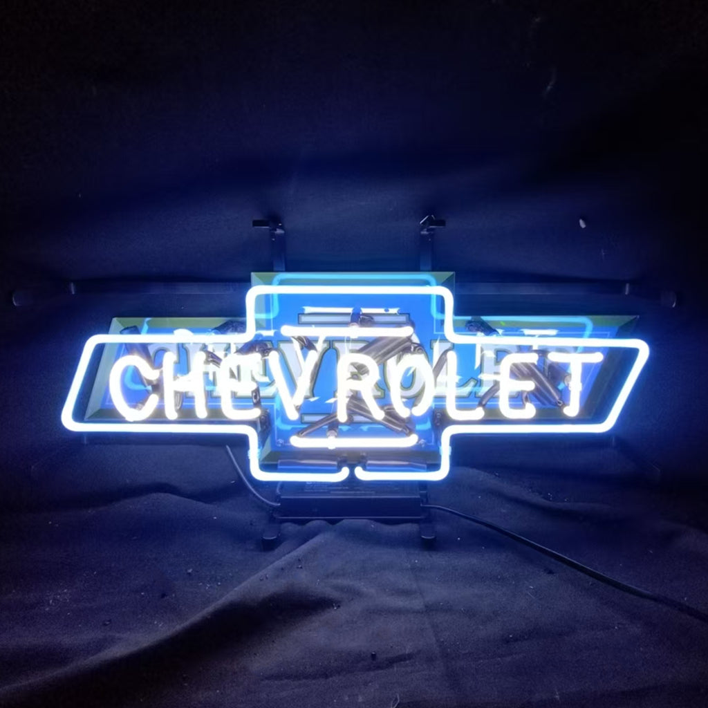 " Chevrolet logo neon sign glass - sleek and stylish, perfect for garages, man caves, and auto enthusiasts."