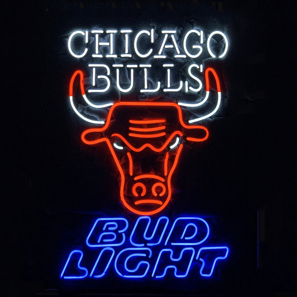 "Chicago Bulls BUD Light neon sign glass - vibrant team logo, perfect for sports bars, game rooms, and fan spaces.