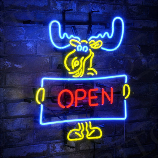 "Elk Deer Open neon sign glass - bright and vibrant tube, perfect for bars, wall, and business shop."