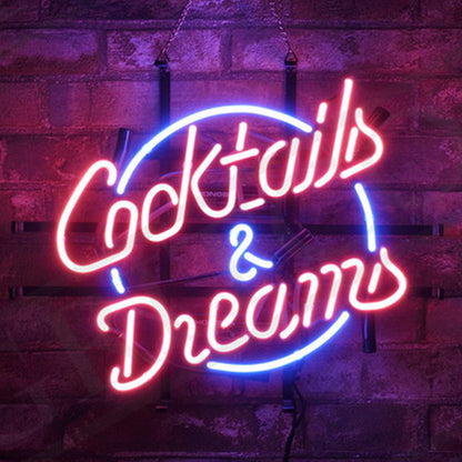 "Cocktails& Dreams neon sign glass - bright and vibrant logo, perfect for bars, shops, man caves gift decoration."