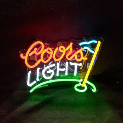 "Coors Light Golf neon sign glass - bright and vibrant logo, perfect for bars, game rooms, and man caves."