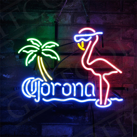"Corona Extra Flamingo Palm Tree neon sign glass - bright and vibrant logo, perfect for bars, game rooms, and man caves."